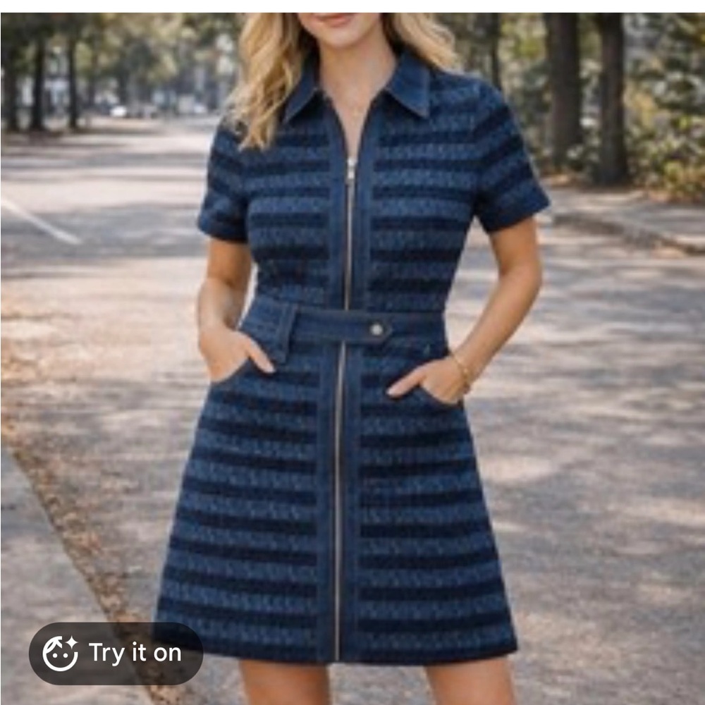 Jason Wu denim & tweed Striped Zip-Front Short Sleeve Dress - Picture 5 of 5